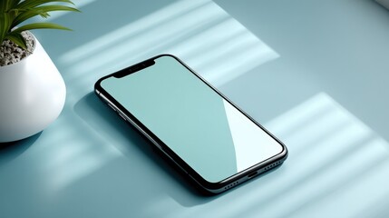 Aufkleber - Modern smartphone with large screen and slim design lying on a light blue surface with natural sunlight and shadows, minimalistic flat lay composition