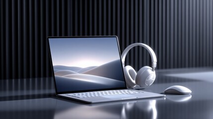 Aufkleber - Modern silver laptop computer with headphones and mouse on sleek reflective surface in a professional tech workspace with dark striped background