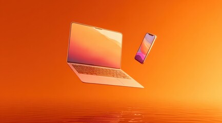 Leinwandbilder - Modern slim laptop and smartphone floating with reflective surface against bright warm orange background illustrating digital technology and connectivity