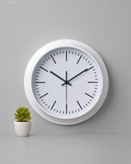 Poster - Large Round White Wall Clock with Black Hour and Minute Hands Showing Time and Small Green Potted Plant on Light Gray Background