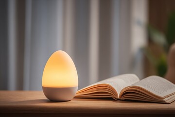 Poster - Modern Egg-Shaped Touch Lamp with Warm Light Illumination on Wooden Desk Next to Open Book in Cozy Reading Environment