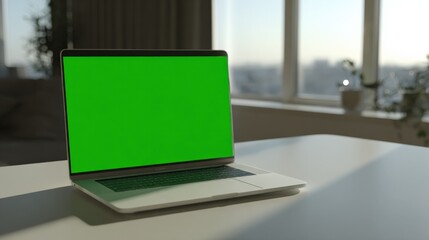 Aufkleber - Modern silver laptop with green screen display on white table in bright room with large and city view du daytime