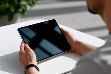 Poster - Person Holding Black Smartphone with Reflection Screen at Desk, Modern Technology Device Use, Close-up of Hand and Phone in Office Environment