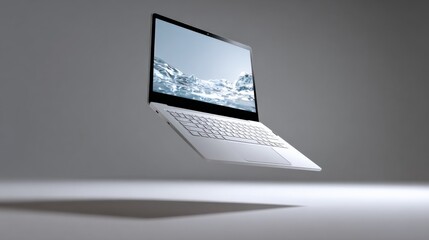 Aufkleber - Modern silver laptop with open screen displaying a scenic image on a plain gray background for work or technology use