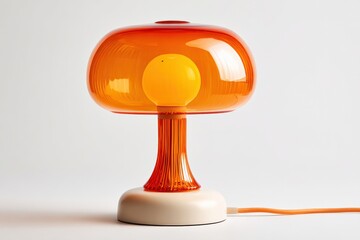 Poster - Modern orange and yellow glass table lamp with unique mushroom-inspired design and warm ambient lighting on white background