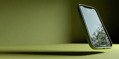 Aufkleber - Modern smartphone with sleek design and high-resolution screen displaying eco-friendly outdoor scene with trees and sky in natural light