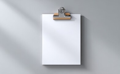 Poster - Close-up of blank white sheet of paper clipped to clipboard on smooth light gray surface with soft shadows