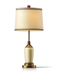Poster - Elegant classic table lamp with cream ceramic base and warm beige fabric lampshade on gold metal stand perfect for home decor lighting accents