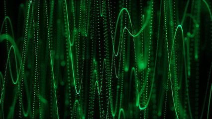 Poster - Abstract Green Glowing Particle Streams with Wavy Lines on a Dark Background This image features