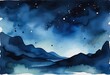 © Nusantara - Watercolor landscape in shades of blue, serene mountains and starry skies