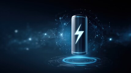 Poster - Battery storage charging innovation. Futuristic battery icon surrounded by digital energy elements on a dark background.
