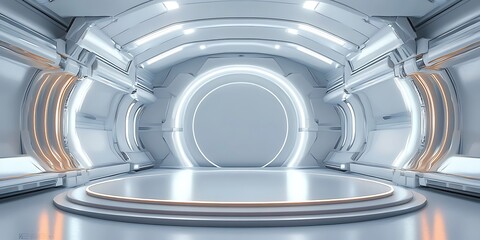 Poster - 
White minimalistic studio environment with bright lights and reflections, 3d render illustration. White studio futuristic light interior with metallic reflections.
