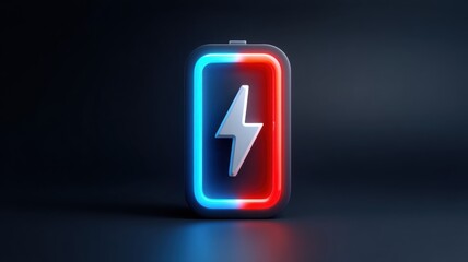 Poster - Battery storage charging innovation. Neon battery icon with a lightning bolt, featuring blue and red illumination on a dark background.