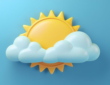 3D partly sunny day with a cheerful cartoon sun peeking through a fluffy cloud