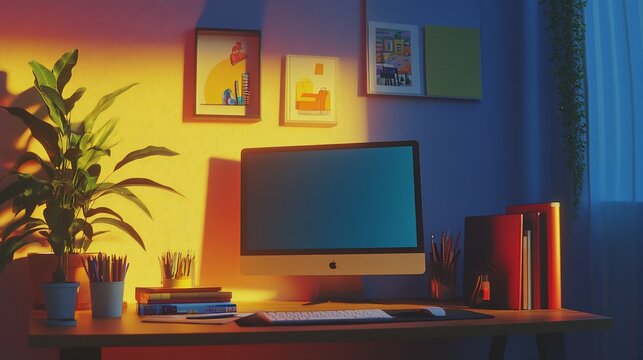A cozy home office setup with warm lighting, showcasing a desktop computer and indoor plants