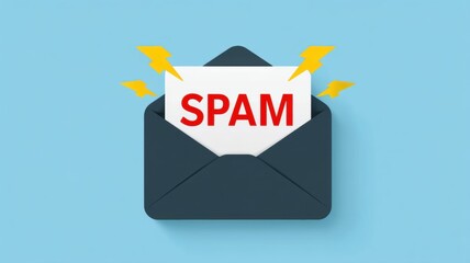 Poster - Email security, spam call. Email icon with a spam alert, featuring lightning bolts and a prominent 