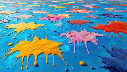 Fototapete - Colorful paint splashes on a vibrant blue surface create a dynamic backdrop for digital displays