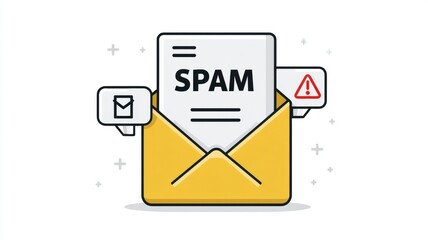Poster - Email security, spam call. Spam email in a yellow envelope with warning symbols and an alert icon.