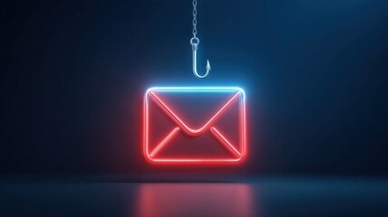 Poster - Email security, spam call. Neon envelope with a fishing hook, symbolizing email phishing concept.