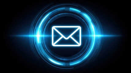 Poster - Email security, spam call. Digital email icon surrounded by glowing circular patterns on a dark background.
