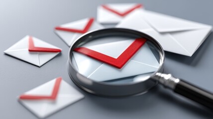 Poster - Email security, spam call. A magnifying glass focuses on an email envelope with a red checkmark, symbolizing verification or approval.