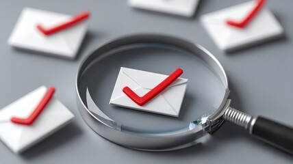 Poster - Email security, spam call. Magnifying glass over checked email icon, symbolizing email verification and communication efficiency.