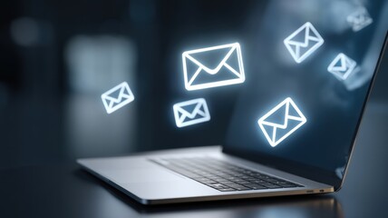 Poster - Email security, spam call. Laptop displaying floating email icons, symbolizing digital communication and messaging.