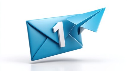 Poster - Email security, spam call. Blue envelope with a paper airplane and the number one, symbolizing messages or notifications.