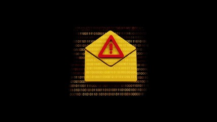 Poster - Email security, spam call. Warning symbol on an envelope with binary code background, suggesting digital threats or cybersecurity issues.