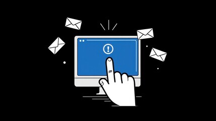 Poster - Email security, spam call. Computer screen with alert and hand interacting, surrounded by email icons.