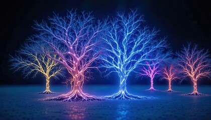 Poster - Colorful illuminated trees standing in a dark landscape creating a vibrant abstract atmosphere
