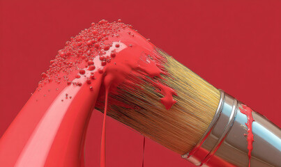 Poster - Close up of a paintbrush covered in dripping red paint against a solid red color background view