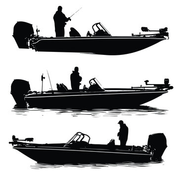bass boat silhouette set, Black & White silhouette set 