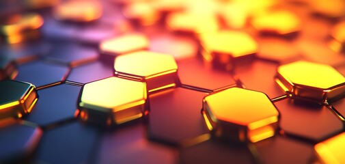Poster - Golden hexagons interconnected, abstract technological network visualization