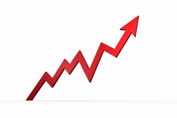 Wall Mural - 3D red zigzag arrow chart is trending upward with peaks, arrowhead on white background, copy space