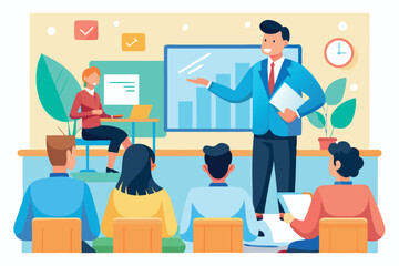 Poster - Business presentation with a speaker and audience in a modern office setting during a daytime meeting