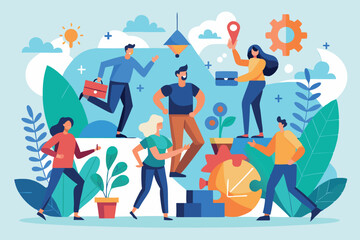 Poster - Creative team collaboration takes place in a lively outdoor space with colorful illustrations representing innovation and teamwork