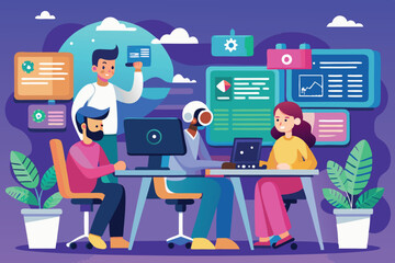Poster - Group of diverse individuals collaborating on technology projects in a modern office space during the day