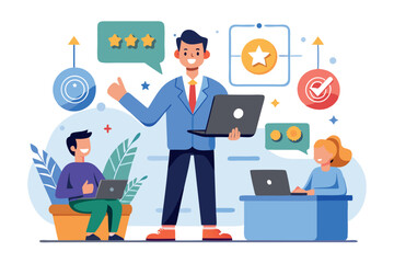 Poster - People collaborating on a digital project while using laptops for effective communication and teamwork in a modern office environment