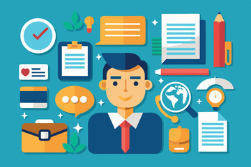 Poster - Professional character illustration representing business skills and organizational activities in a vibrant workplace