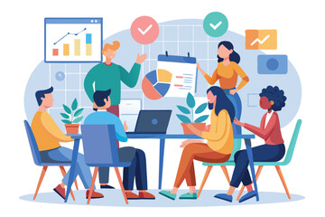 Poster - Team members collaborating during a business meeting in a modern office setting while reviewing charts and presentations