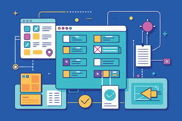 Poster - Digital interface graphic illustrating project management tasks and workflows in a modern workspace setting