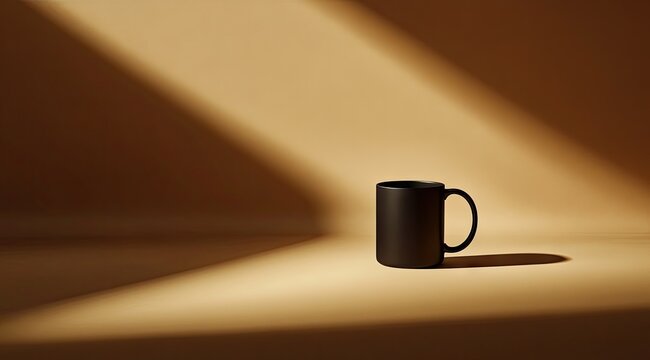 A single black mug on a beige surface, sunlit