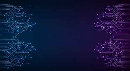 Poster - Abstract digital circuitry design, glowing neon blue and purple lines on dark background, technological concept.