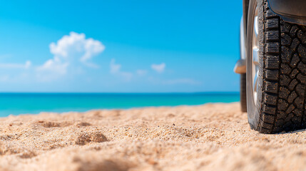 close up of vehicle tire on sandy beach with scenic view