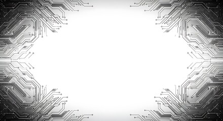 Poster - Abstract grayscale circuit board frame,  leaving central space blank for text or image.