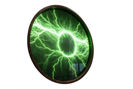  glowing-electric-green-lightning-round-frame isolated on white background png,ai generated