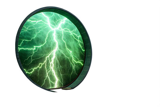  glowing-electric-green-lightning-round-frame isolated on white background png,ai generated