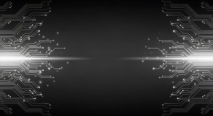 Poster - Abstract illustration of a circuit board design with bright light emanating from the center on a dark background.