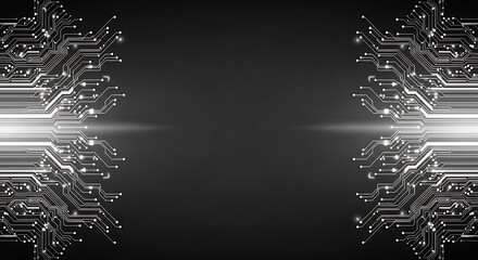 Poster - Abstract digital circuitry design, mirroring symmetrical patterns with bright central glow, on dark background.